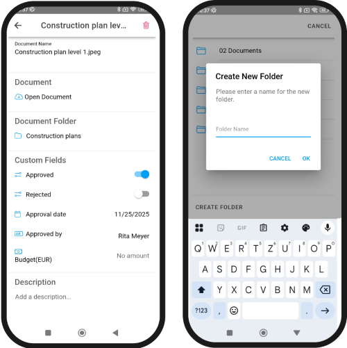 Mobile app: Document detail view and create folder