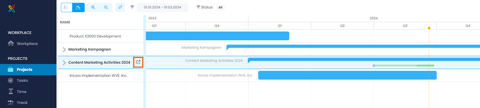 Open a project from the timeline