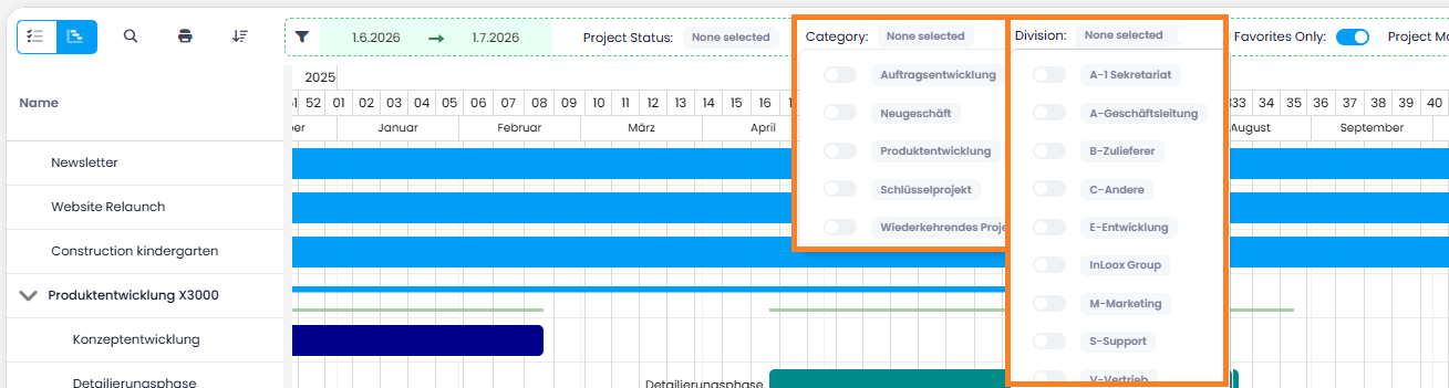 Multi-project timeline filter options