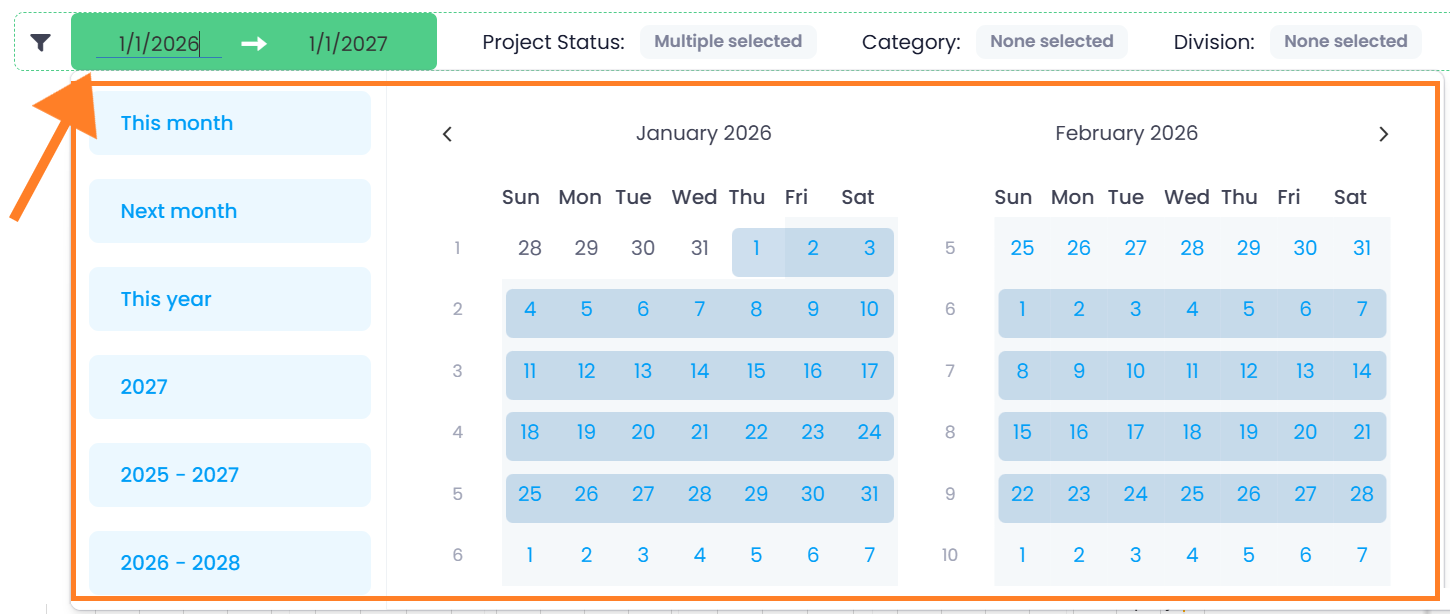 Time frame menu with preset periods and calendar Time frame menu with preset periods and calendar