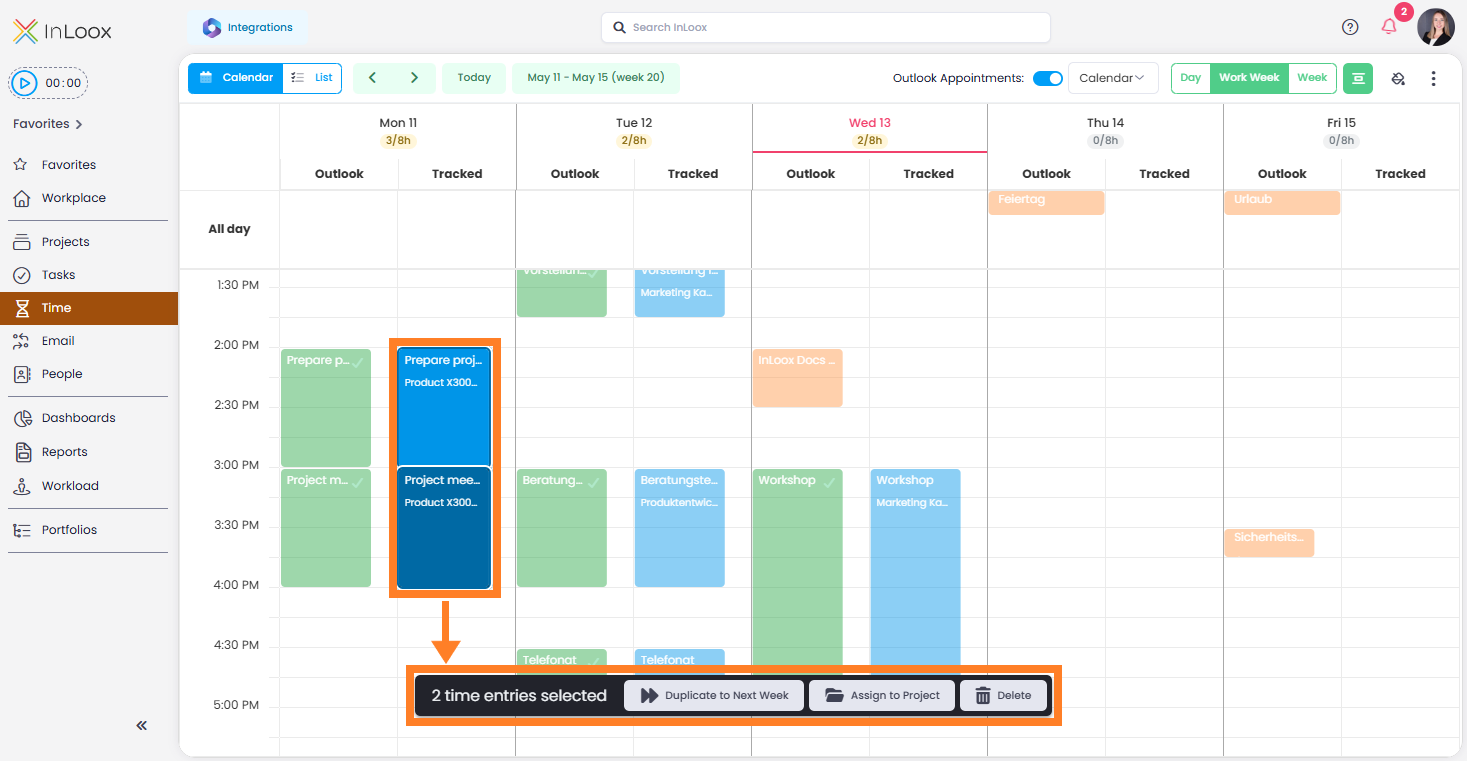 Multi-select in time tracking calendar