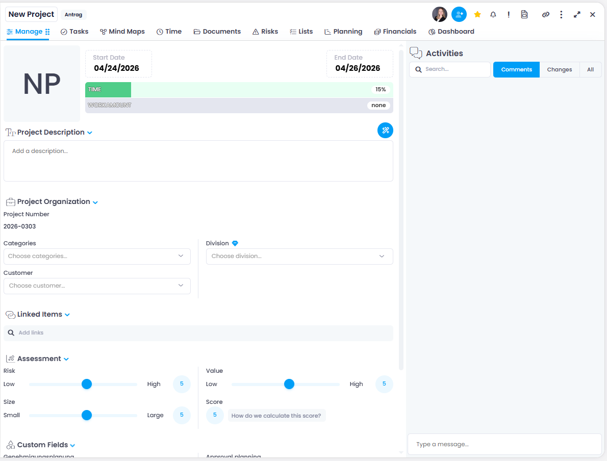 Overview of the project Manage tab