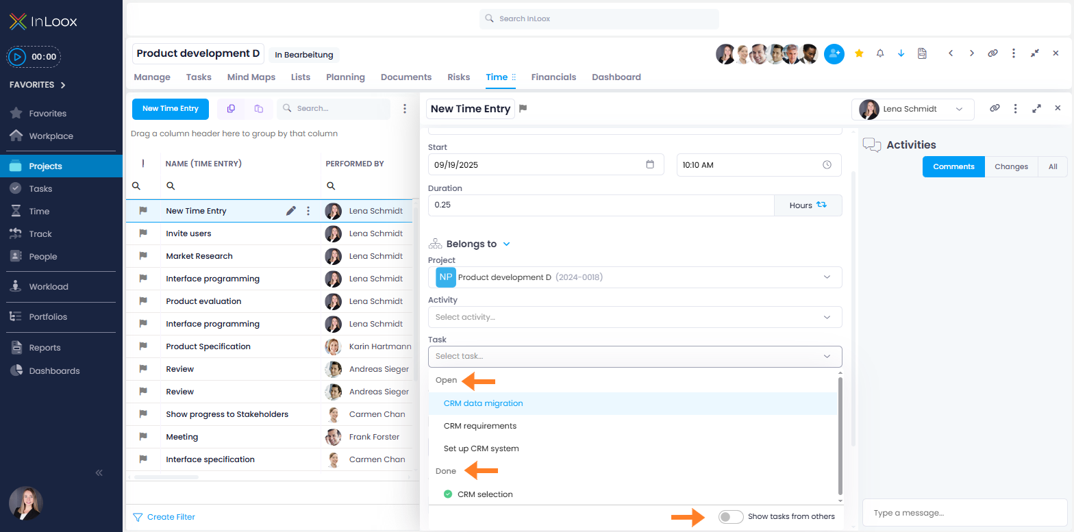 Create time entry: Open vs. done tasks and toggle for showing tasks from others