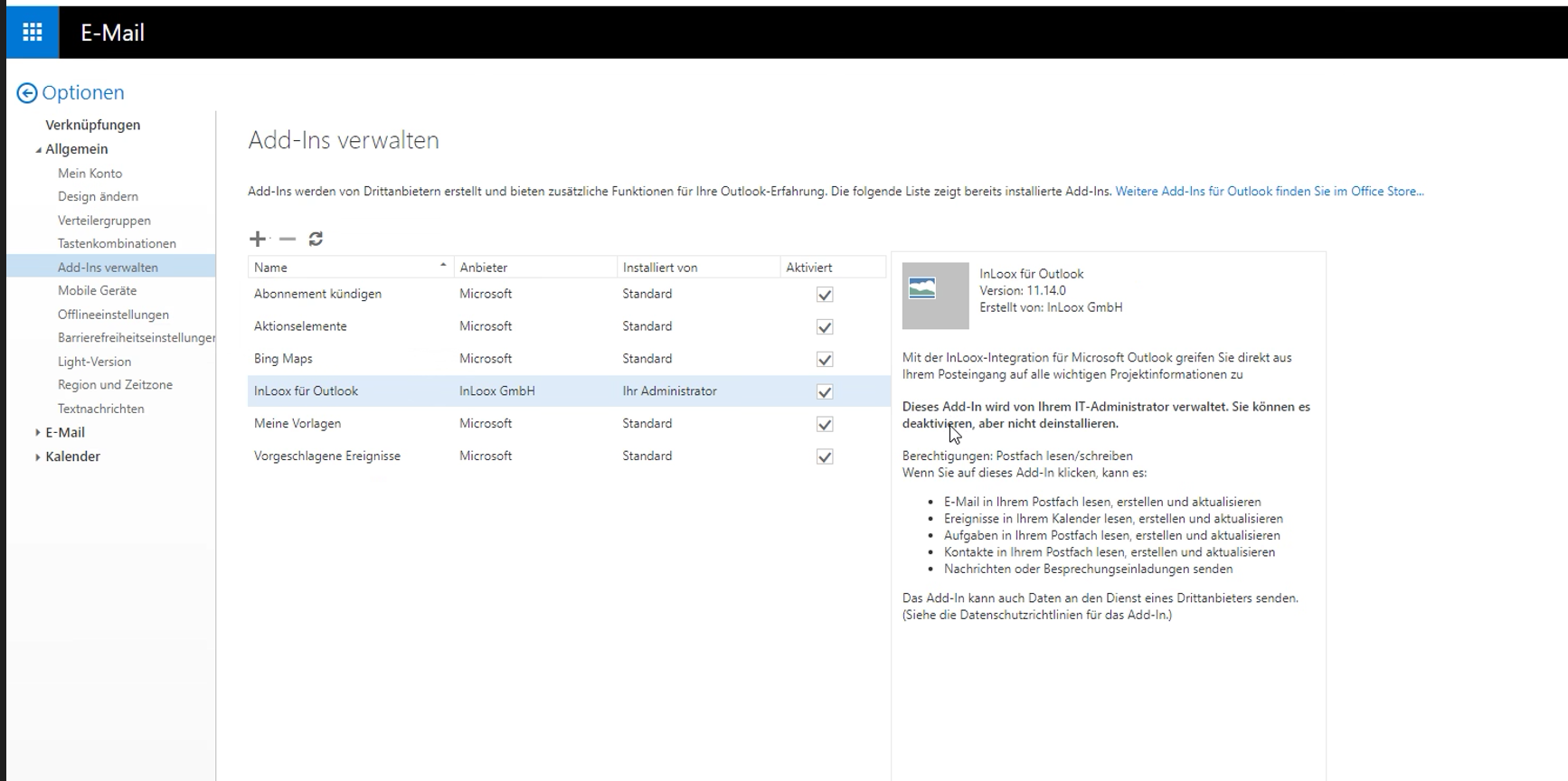 Manage add-ins — InLoox for Outlook is enabled
