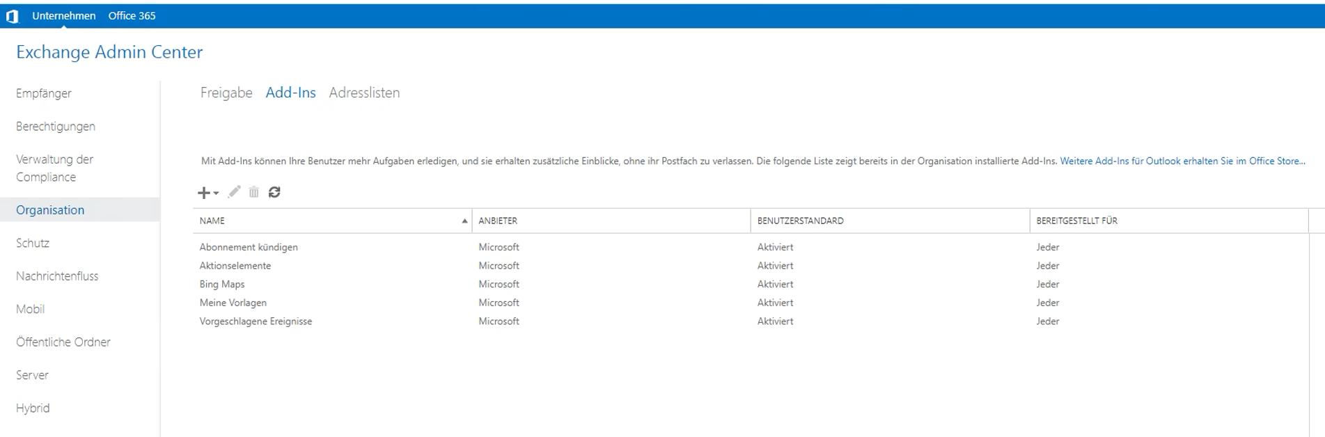 Exchange Admin Center — Organization > Add-Ins