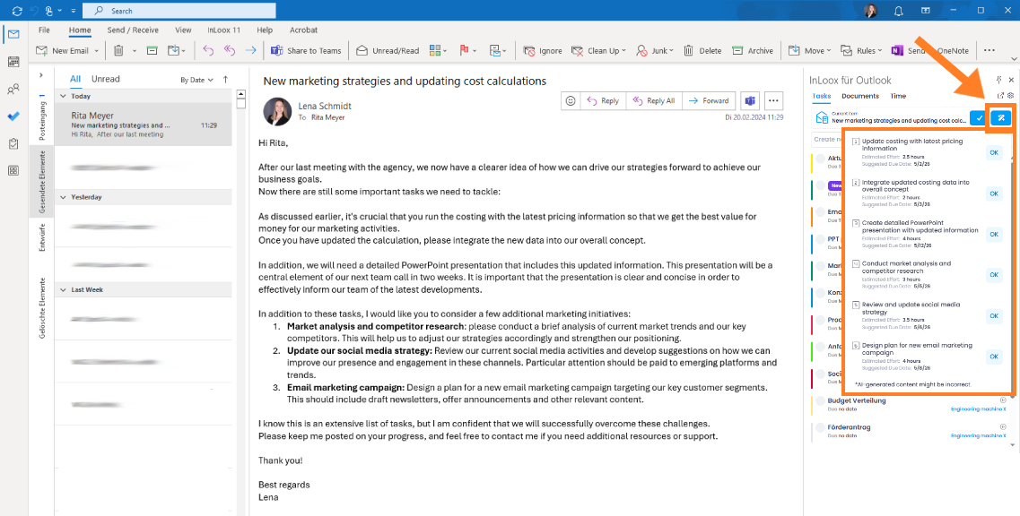 InLoox AI Assistant: Task suggestions based on email content