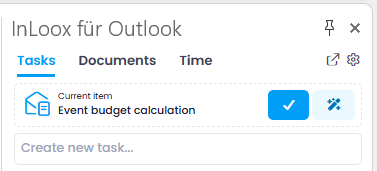 Info in side panel: Currently selected email and create task