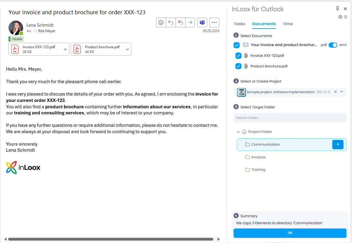 Document storage of emails and attachments in InLoox