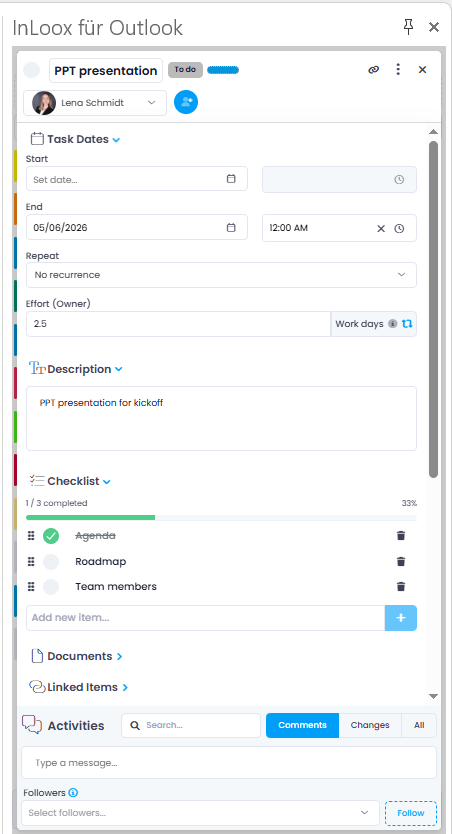 Edit task in InLoox for Outlook side panel