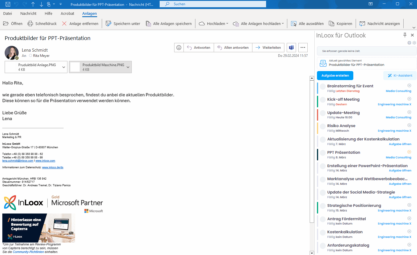 Drag and drop documents from email into task