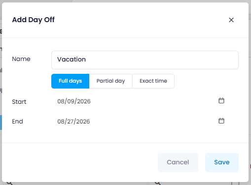 Add a day off with entry mode for a person