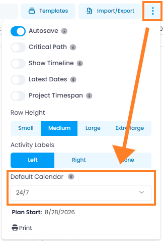 Default Calendar in the three-dot menu of the planning