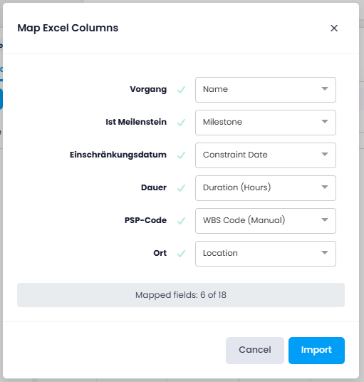 Map Excel Columns window