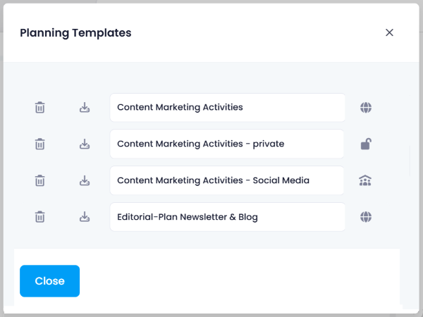 Planning templates with publish status