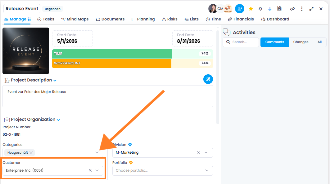 Customers field on the Manage page