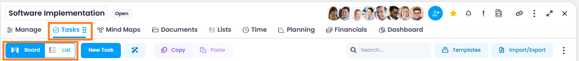 Project tasks in Kanban and list view