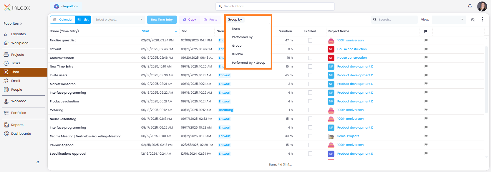 Quick grouping in the time tracking view