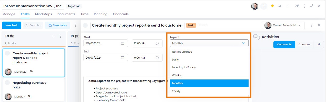 Recurring task settings