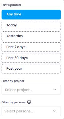 Search filters for date, project, and persons