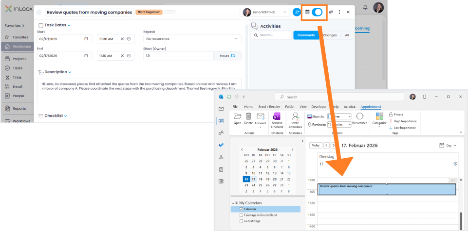 Synchronize InLoox task in Outlook calendar