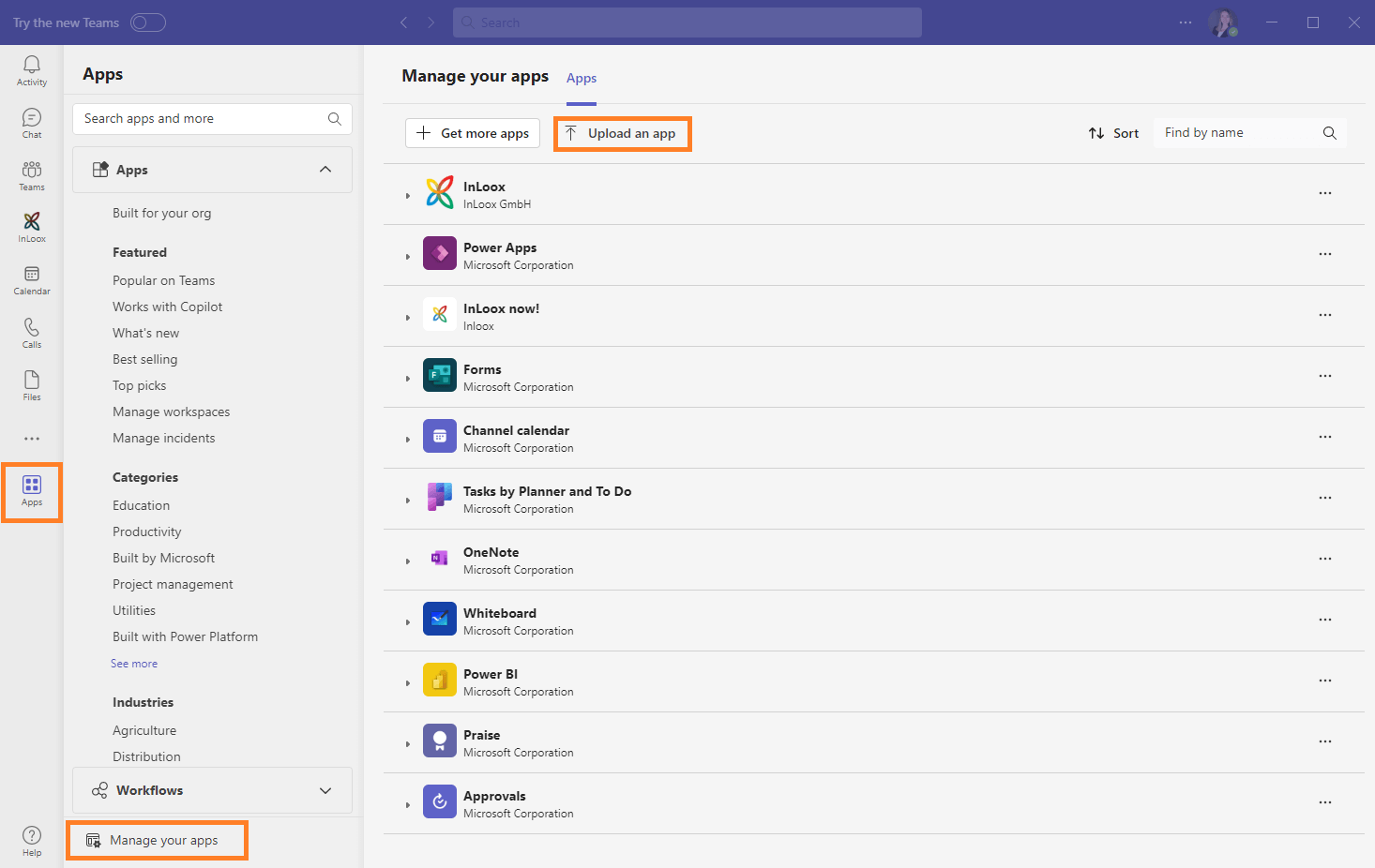 Manage apps and upload the InLoox app in Microsoft Teams