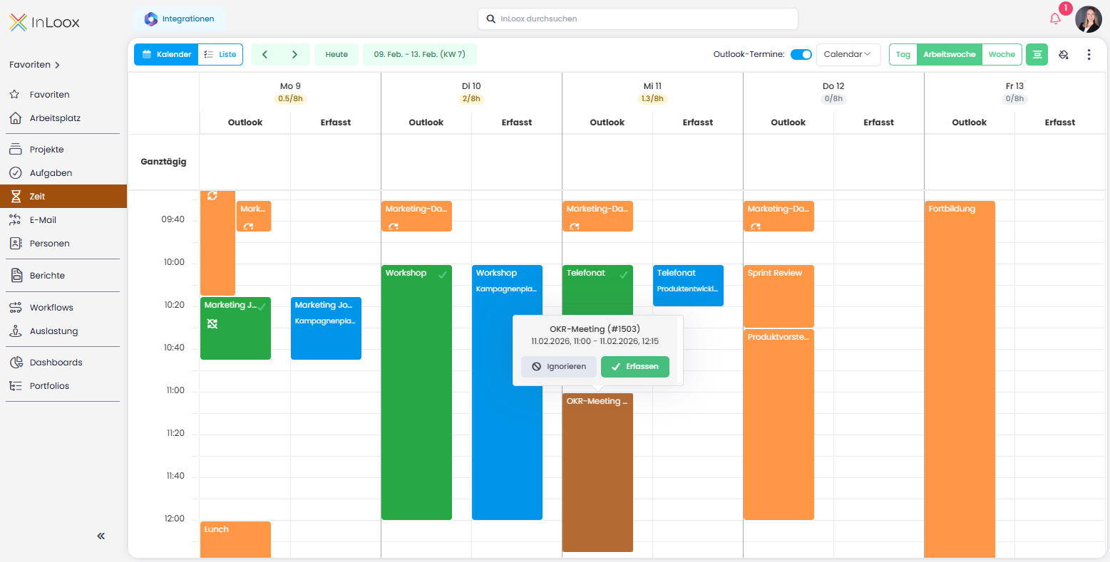Calendar view with Outlook appointments