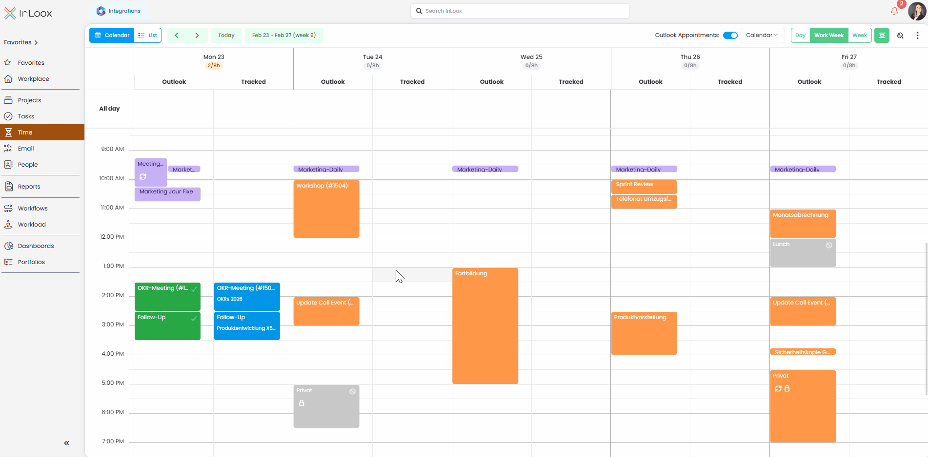 Track Outlook calendar entries in InLoox