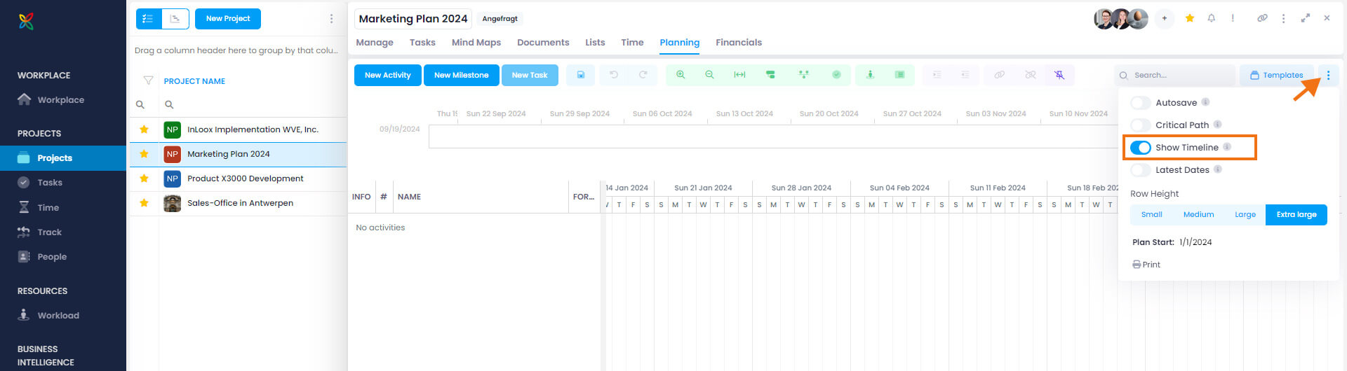 How to show the timeline in the InLoox project plan