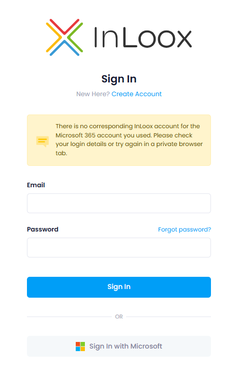 Login screen with error message