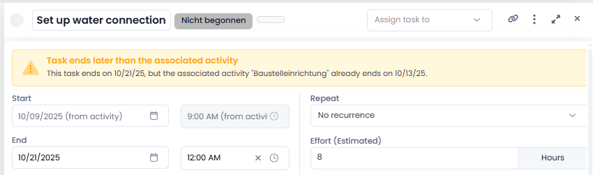 Warning for tasks that end later than the associated activity
