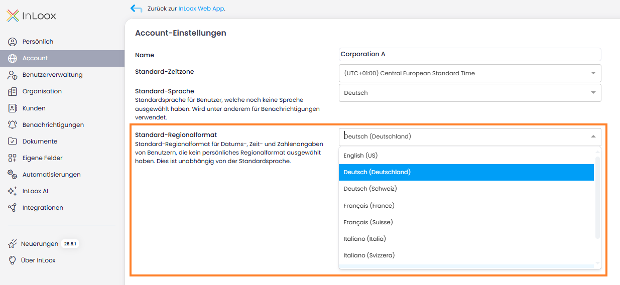 Standard-Regionalformat für den gesamten Account auswählen Standard-Regionalformat für den gesamten Account auswählen