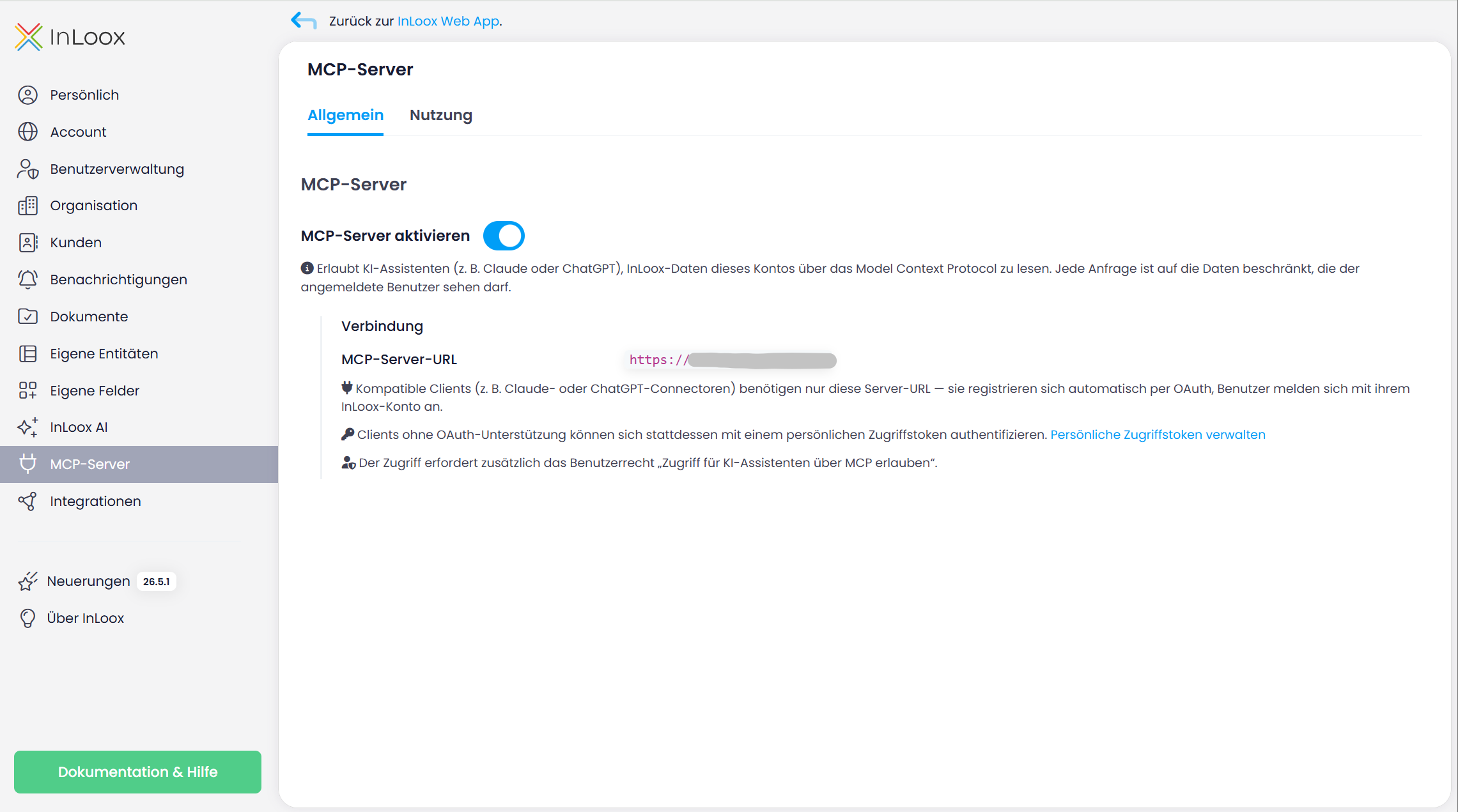 MCP-Server-Einstellungen in den Account-Einstellungen
