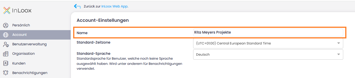 Account umbenennen in den InLoox Account-Einstellungen