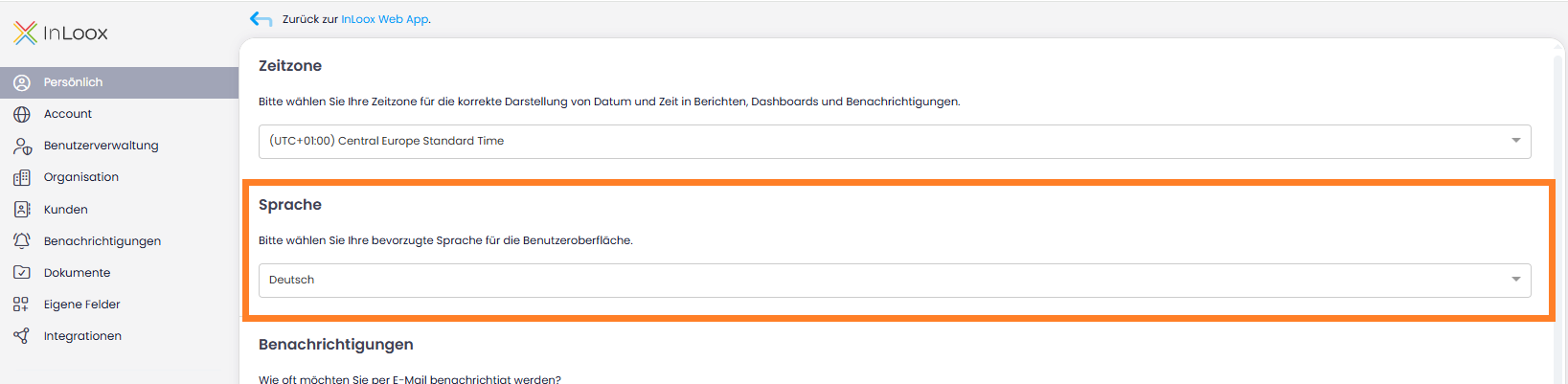 Sprachauswahl in den Account-Einstellungen