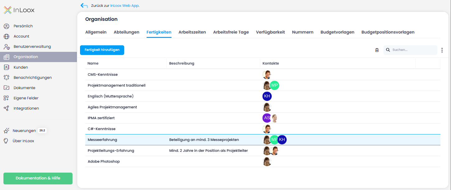 Registerkarte Fertigkeiten in den Account Settings