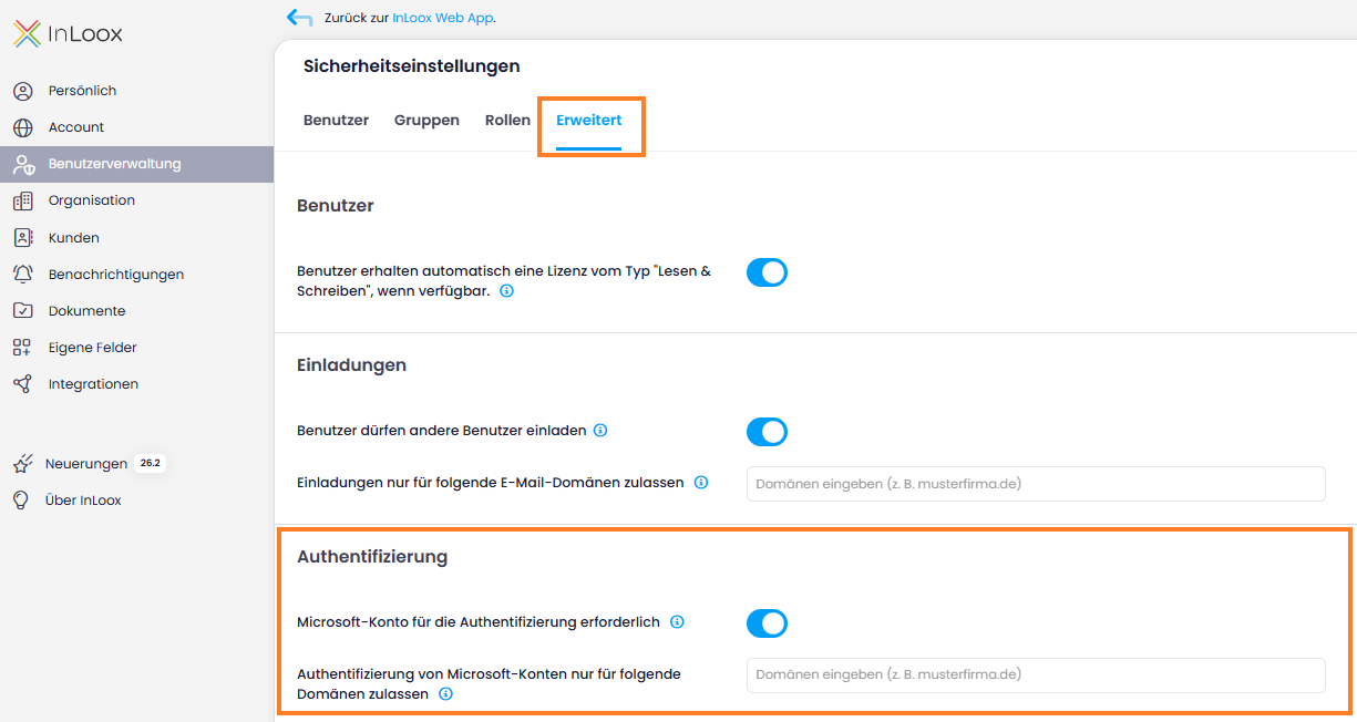 Authentifizierungseinstellungen in der Benutzerverwaltung — Tab Erweitert