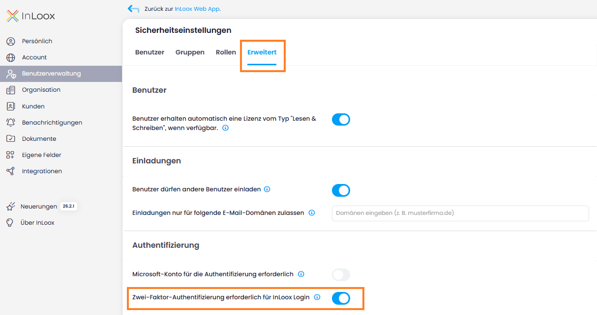Zwei-Faktor-Authentifizierung in der Benutzerverwaltung — Tab Erweitert