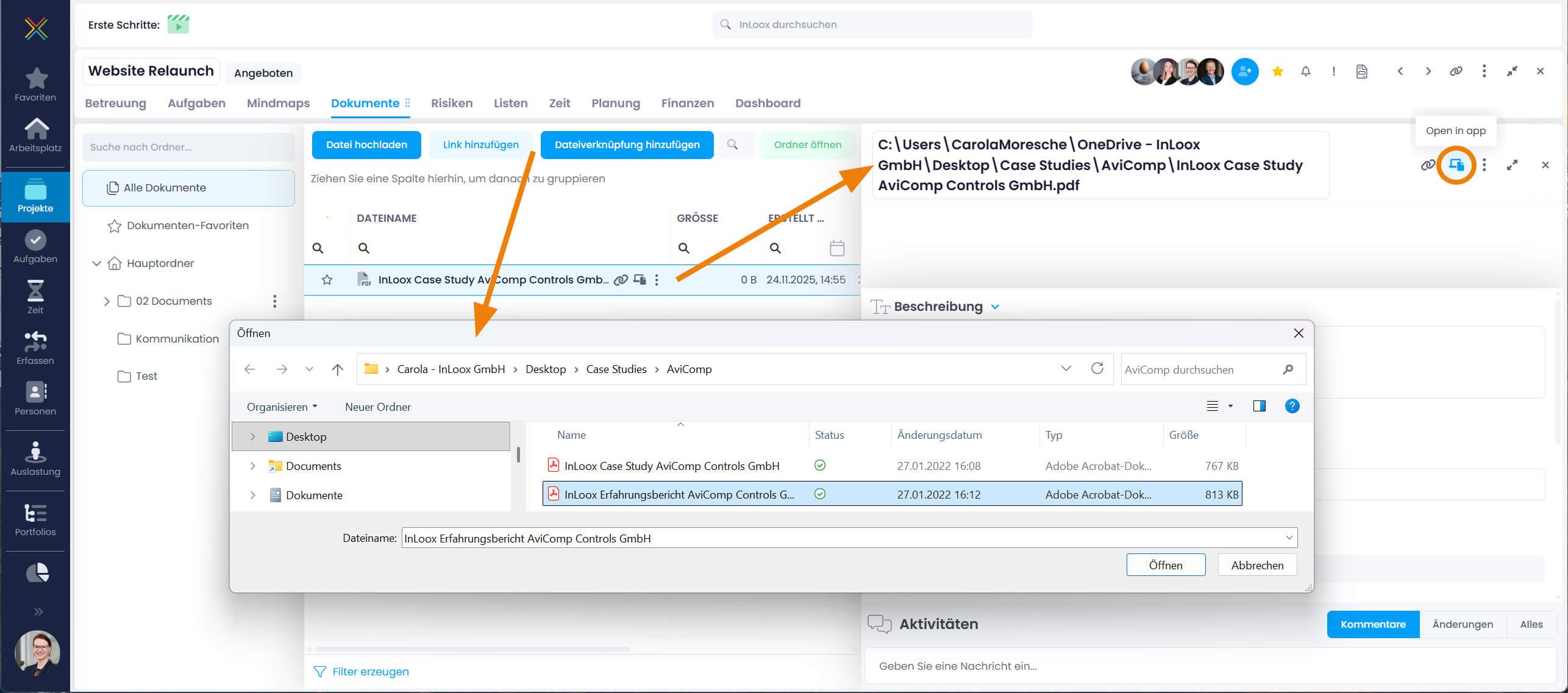 Dateiverknüpfung als Projektdokument in InLoox hinzufügen
