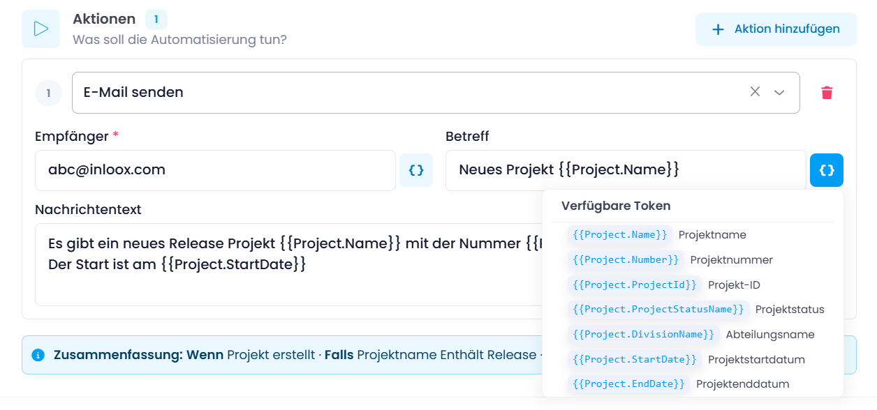 E-Mail-Aktion konfiguriert mit Empfänger, Betreff und Token