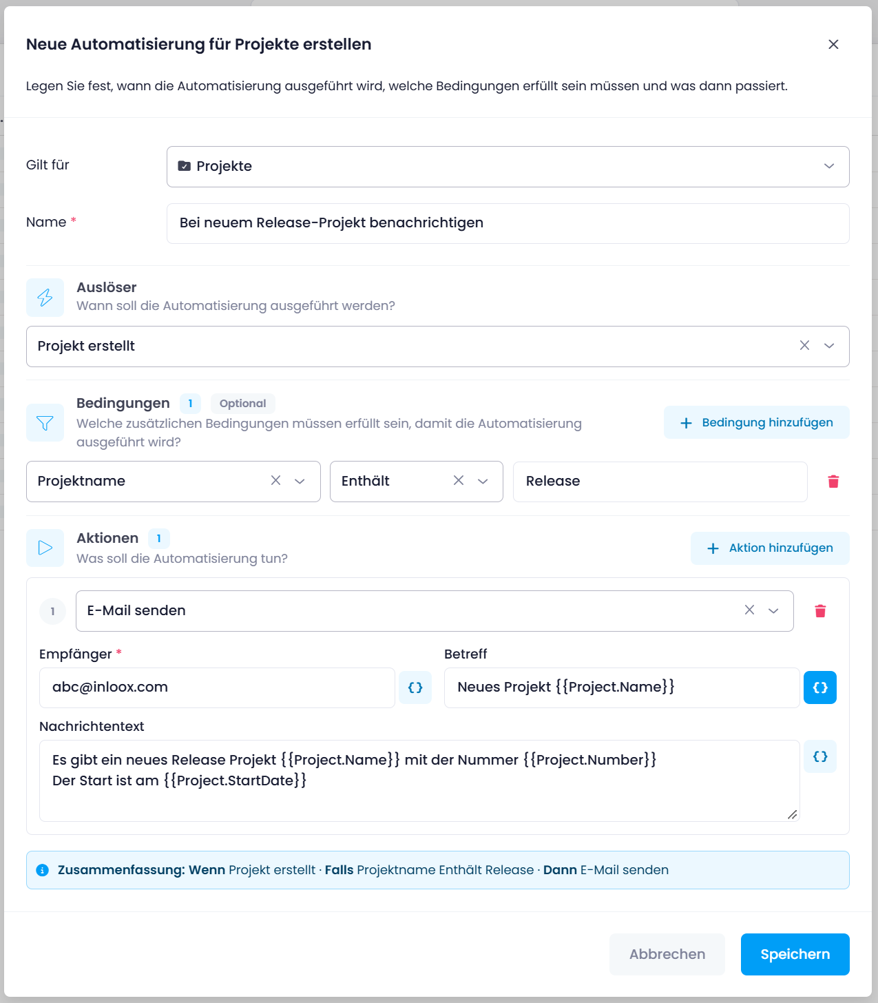 Eine fertige Automatisierungsregel mit Auslöser, Bedingung und E-Mail-Aktion