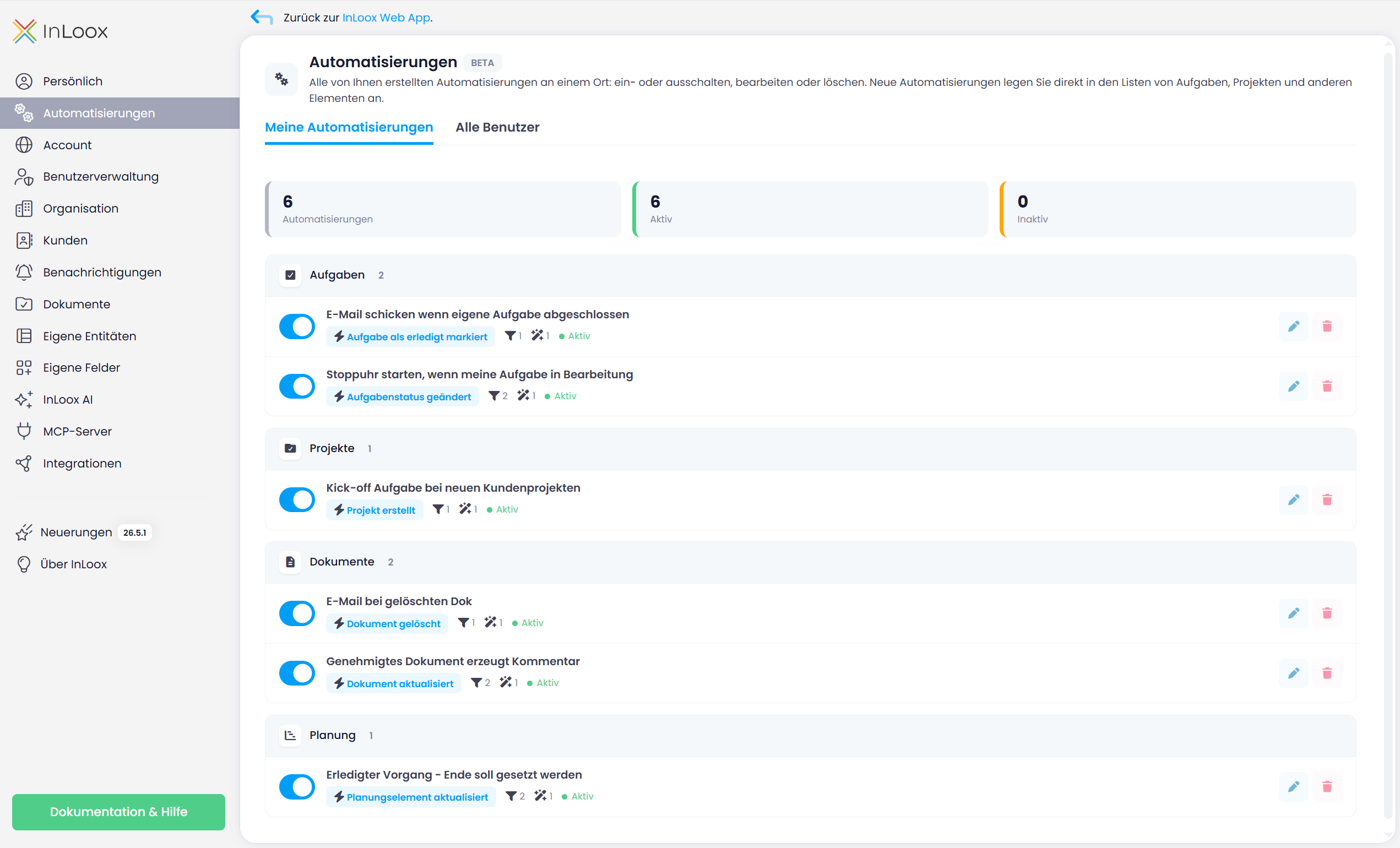 Übersicht der Automatisierungen in den InLoox Account-Einstellungen