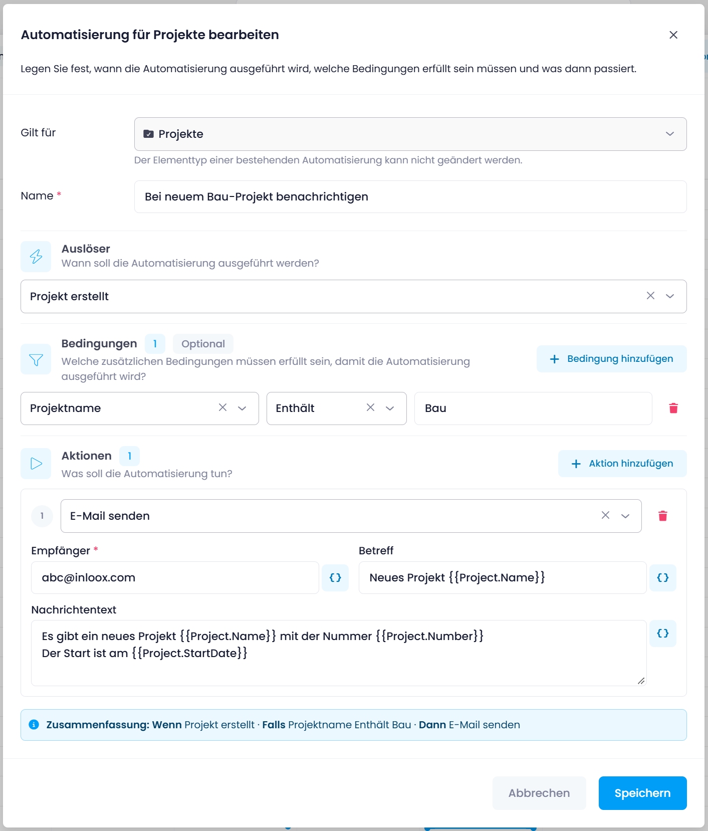 Beispielregel: E-Mail-Benachrichtigung bei einem neuen Bau-Projekt