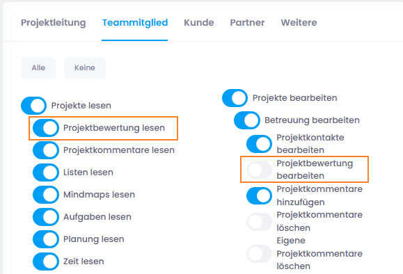 Berechtigung für Projektbewertung