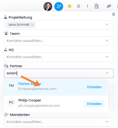 Kontaktauswahl nach E-Mail-Adresse Kontaktauswahl bei Projektrollen: Suche nach E-Mail-Adresse möglich