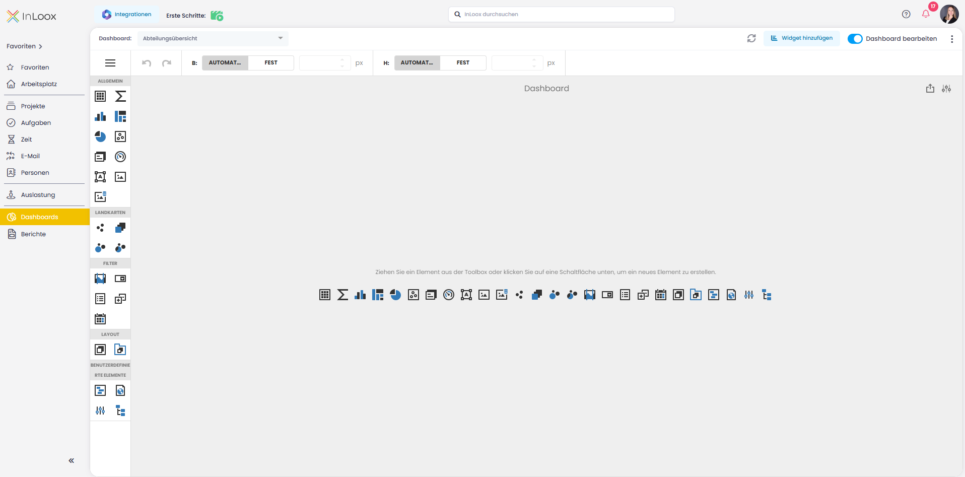 Dashboard-Editor mit leerer Arbeitsfläche und Toolbox