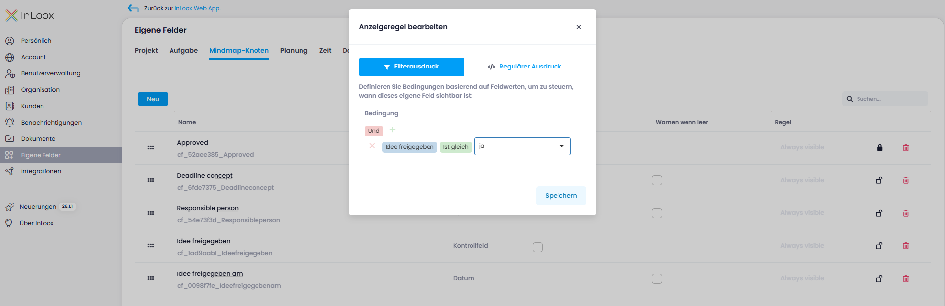 Anzeigeregel für benutzerdefinierte Felder festlegen