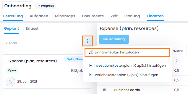 Einnahmenplan hinzufügen