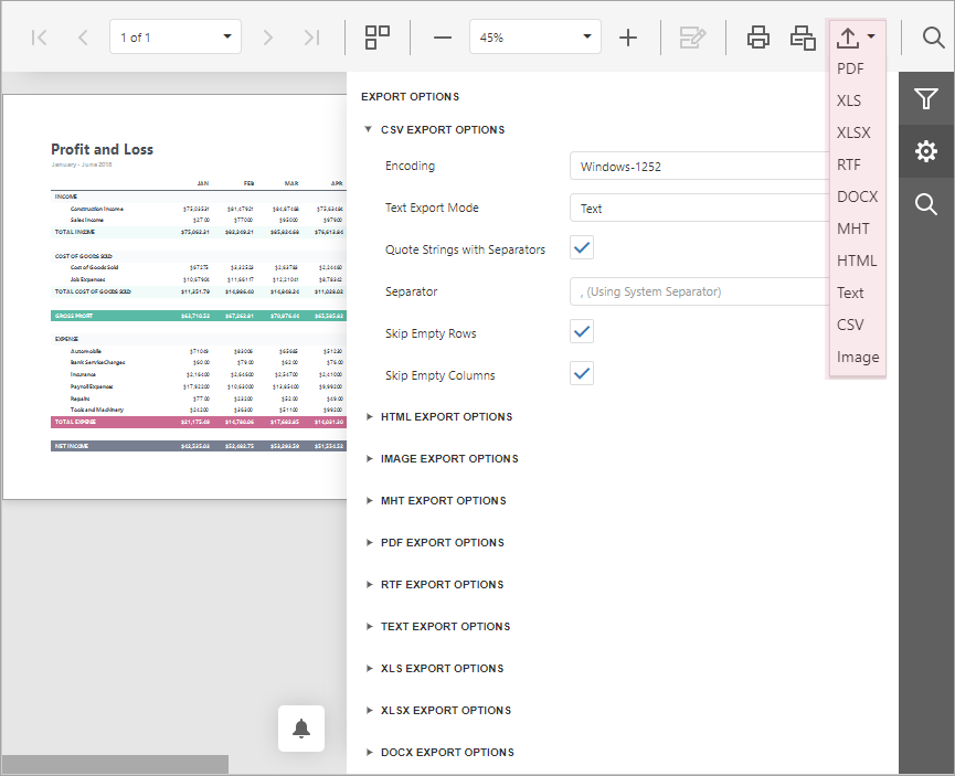 Export toolbar commands
