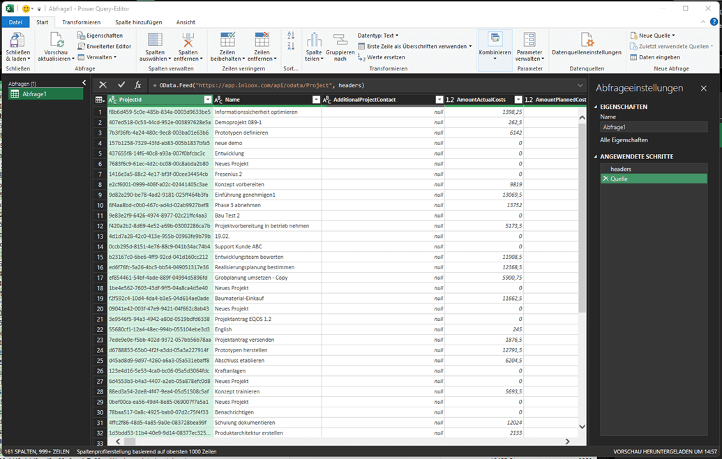 Vorschau der InLoox-Daten in Excel
