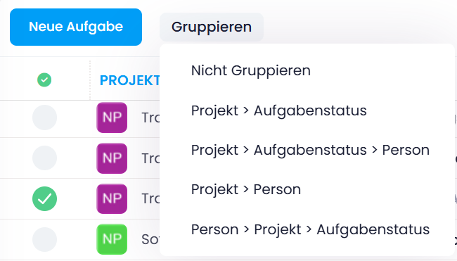 Standardgruppierungen in der globalen Aufgabenliste